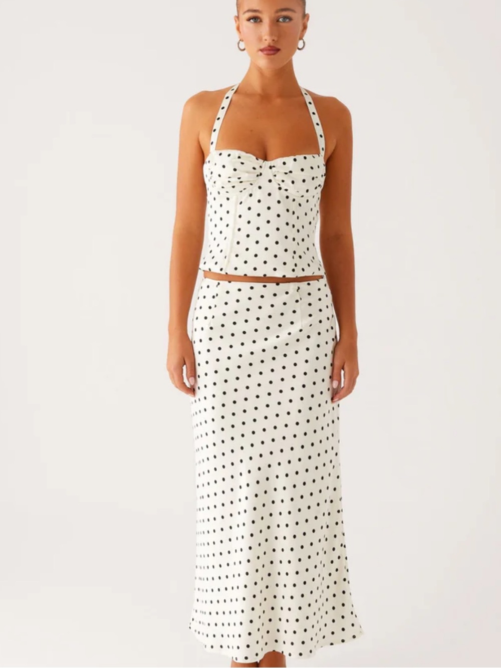 Peppermayo White and Black Polka Dot Maxi Skirt Set